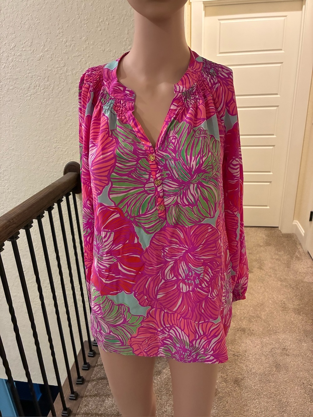 Lilly Pulitzer Fuchsia & Green Floral Button-Front Tunic Size M